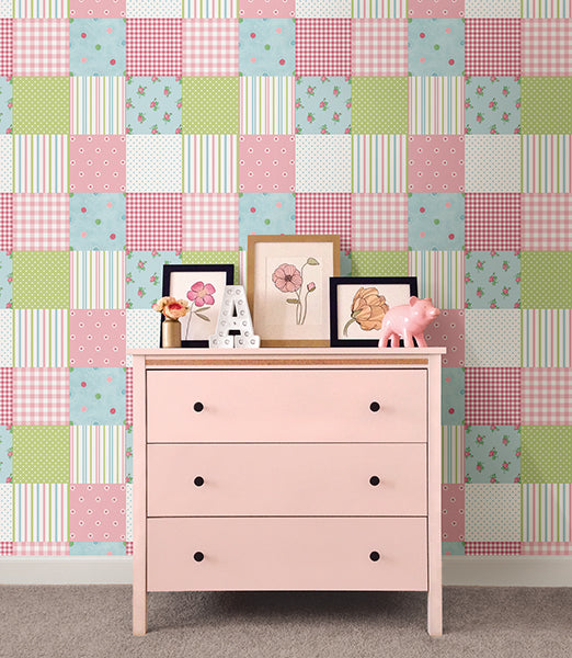 Quilted Wallpaper Pink Non Woven Wallpaper Roses Vintage Blue White