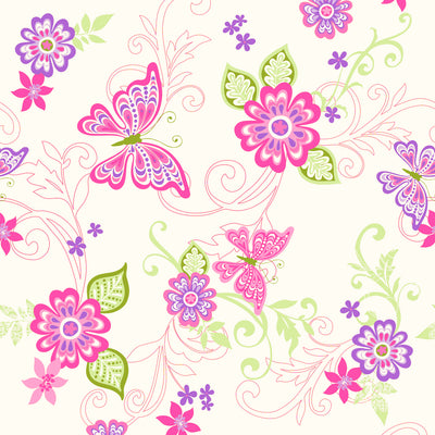 Paisley Pink Butterfly Flower Scroll Wallpaper