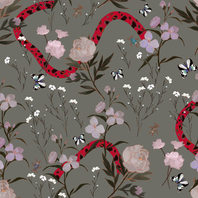 Flower and Serpent Wallpaper - Grey