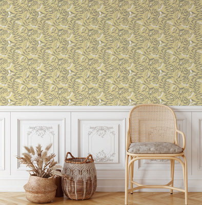 Birds in the Rowan Tree Wallpaper - Lemon