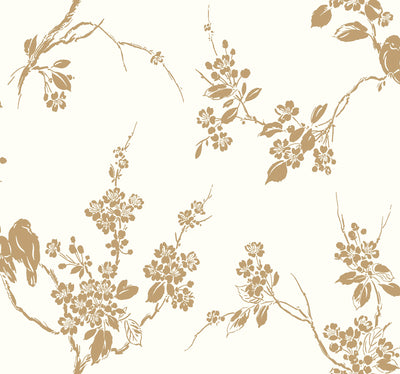 Imperial Blossoms Branch Wallpaper - Metallic Gold/White