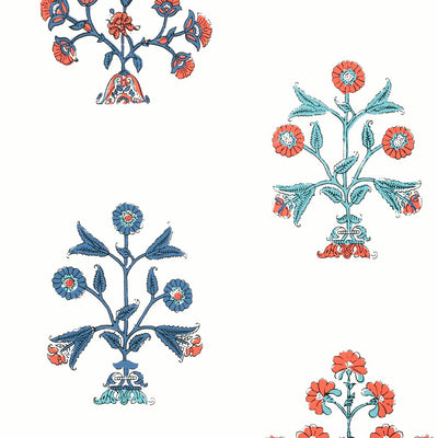 Indian Flower Wallpaper - Coral and Blue