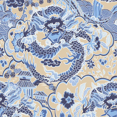Imperial Dragon Wallpaper - Blue and Tan