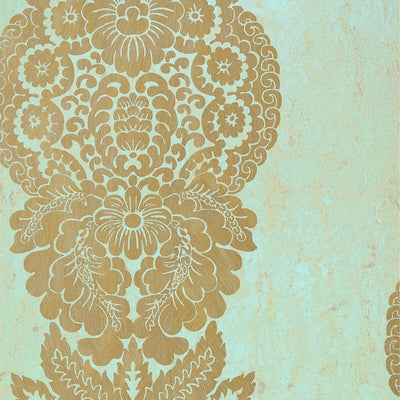 Rowan Damask Wallpaper - Metallic Gold on Aqua