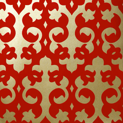 Grille Flocked Wallpaper - Scarlet & Champagne