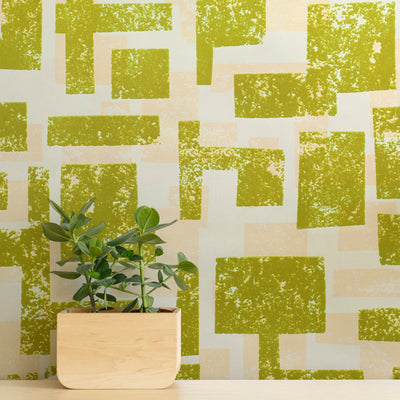 Retro Blocks Flocked Wallpaper - Lime & Beige