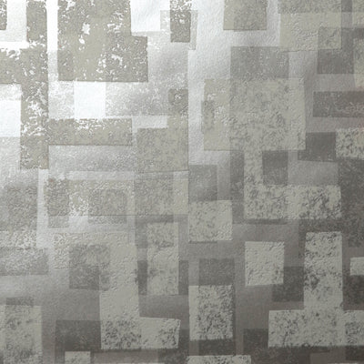 Retro Blocks Flocked Wallpaper - White & Silver